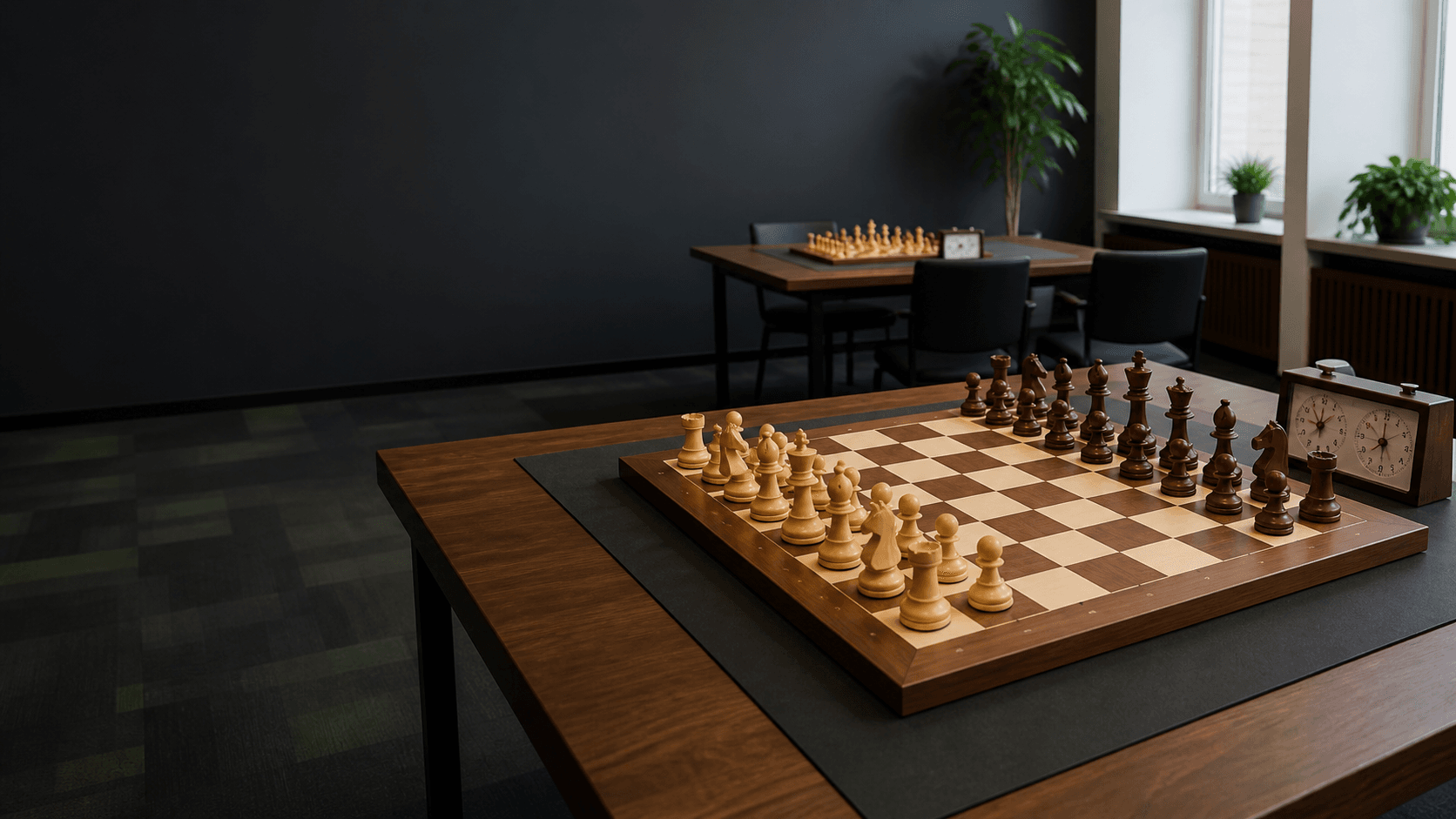 A wooden tournament chessboard and clock prepared for a classical game